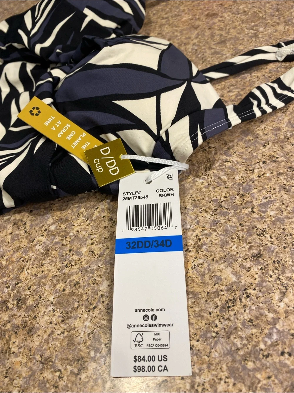 Anne Cole Twist Front Tankini Top 32DD 34D 25MT26545 NWT Black White Geometric